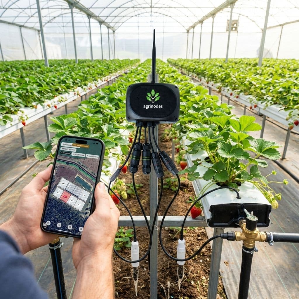 Agrinodes mobile app showing live farm data